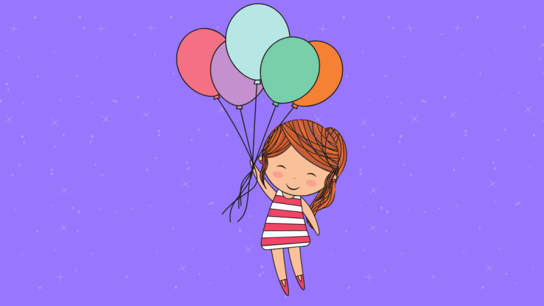 Illustration of a smiling girl in a striped dress holding five colorful balloons, floating against a purple background with stars.